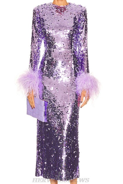 Herve Leger Purple Long Sleeve Feather Sequin Midi Dress