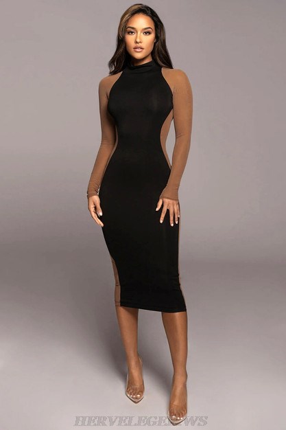 Herve Leger Black Long Sleeve Mesh Insert Midi Dress