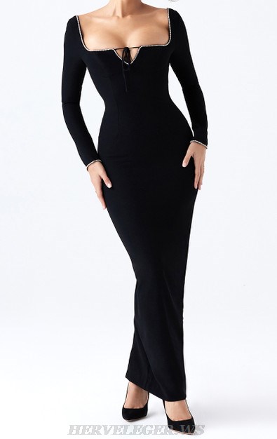 Herve Leger Black Long Sleeve Rhinestone Trim Gown