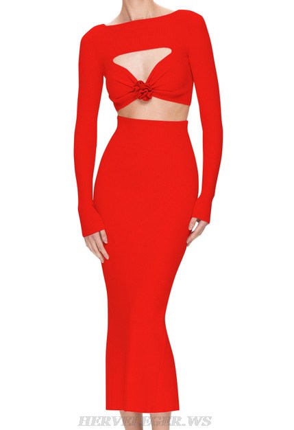 Herve Leger Red Long Sleeve Ribbed Midi Two Piece Dress