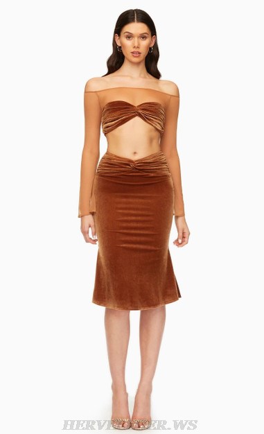 Herve Leger Brown Long Sleeve Two Piece Midi Velvet Dress