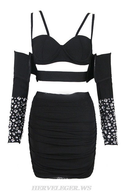 Herve Leger Black Rhinestone Long Sleeve Draped Dress