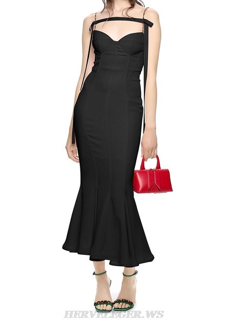 Herve Leger Black Chain Strap Bustier Mermaid Dress