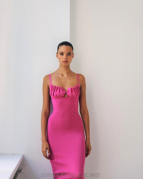 Herve Leger Hot Pink Draped Bustier Ribbed Dress