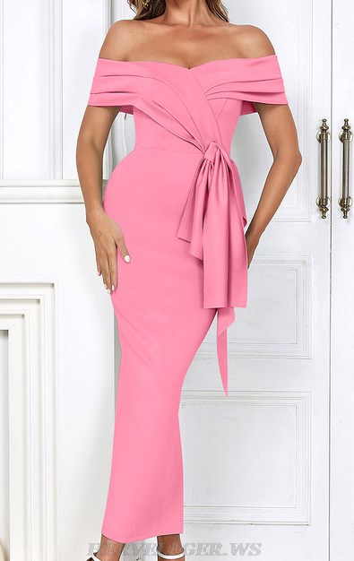 Herve Leger Pink Draped Off Shoulder Gown
