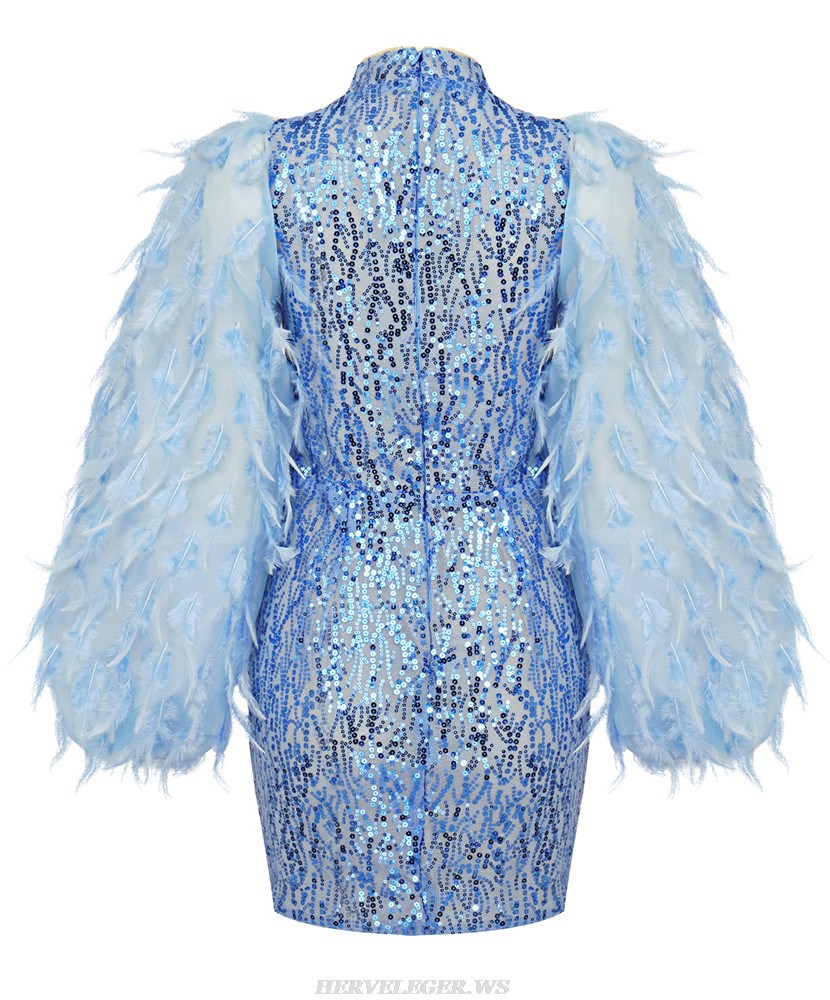 Herve Leger Blue Feather Sleeves Sequin Dress