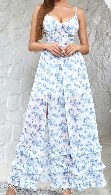 Herve Leger Blue Floral Structured Bustier Gown