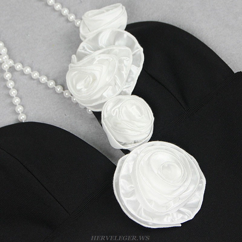 Herve Leger Black White Flower Pearl Straps Gown
