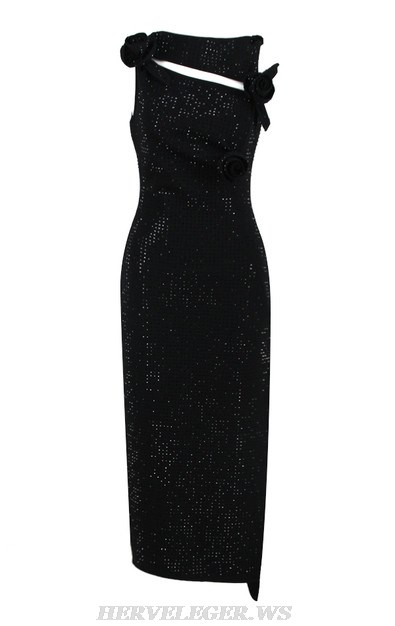 Herve Leger Black Flower Sparkly Dress