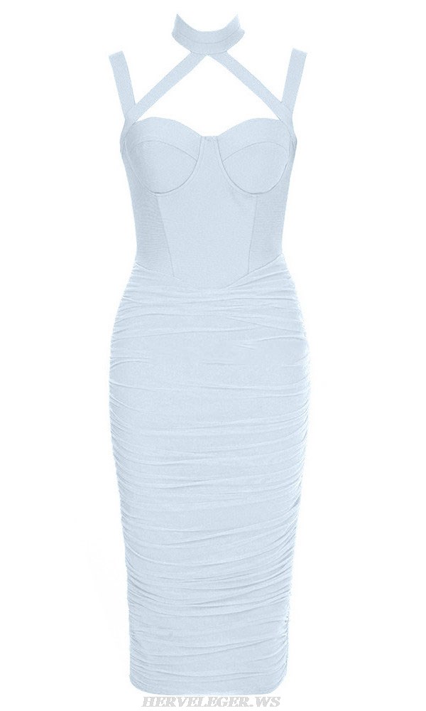 Herve Leger Light Blue Halter Bustier Draped Mesh Dress
