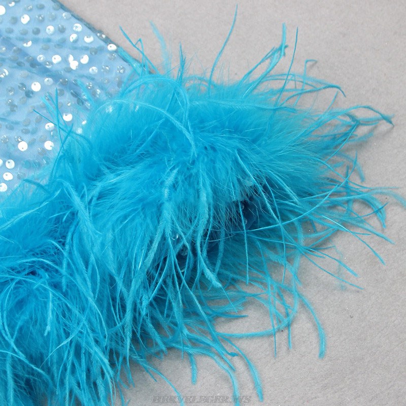 Herve Leger Blue Halter Sequin Feather Hem Dress