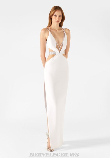 Herve Leger White Halter Strappy Crystal Gown
