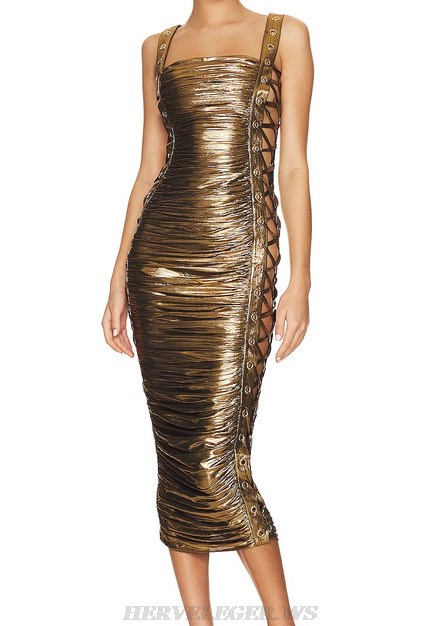 Herve Leger Old Gold Lace Up Ruched Dress