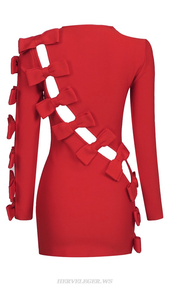 Herve Leger Red Long Sleeve Bow Dress