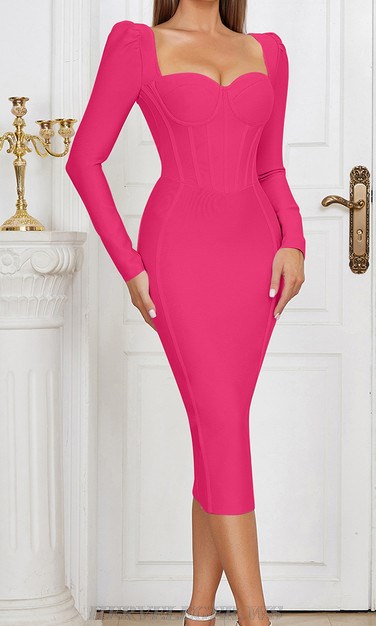 Herve Leger Hot Pink Long Sleeve Corset Design Dress