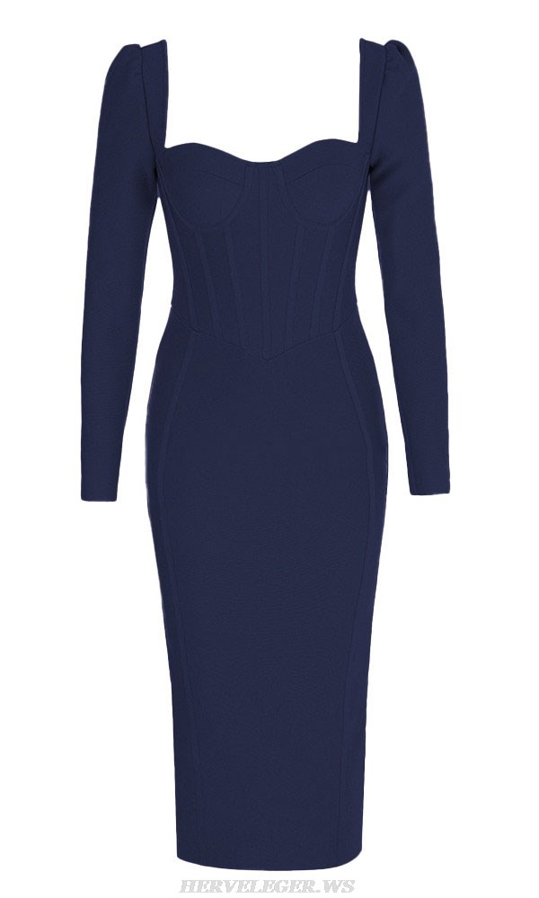 Herve Leger Navy Blue Long Sleeve Corset Design Dress