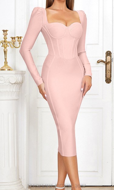 Herve Leger Pink Long Sleeve Corset Design Dress