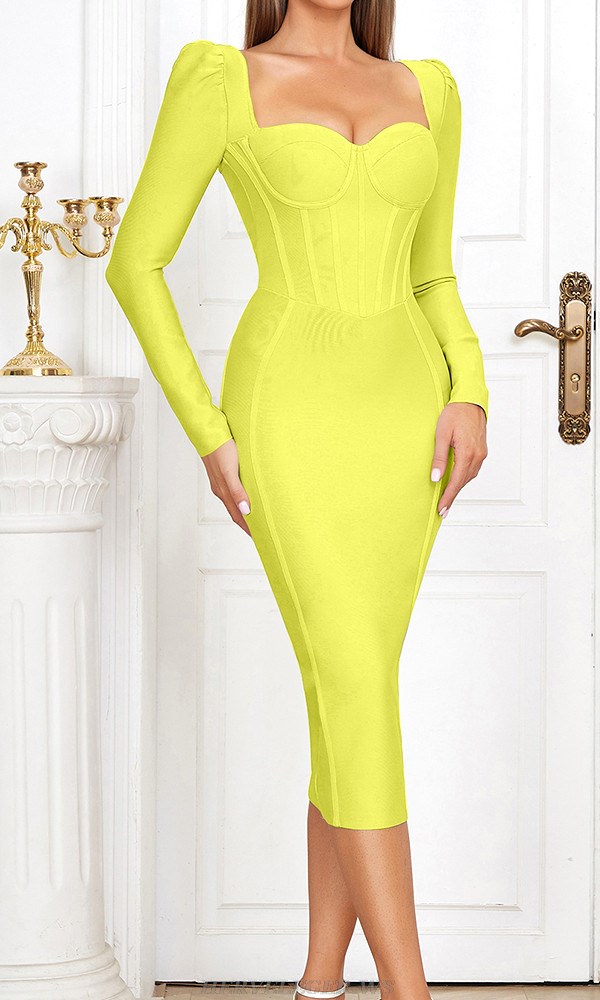 Herve Leger Yellow Long Sleeve Corset Design Dress