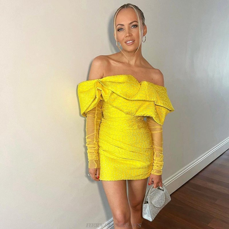 Herve Leger Yellow Long Sleeve Draped Off Shoulder Sparkly Dress