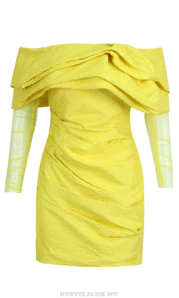 Herve Leger Yellow Long Sleeve Draped Off Shoulder Sparkly Dress