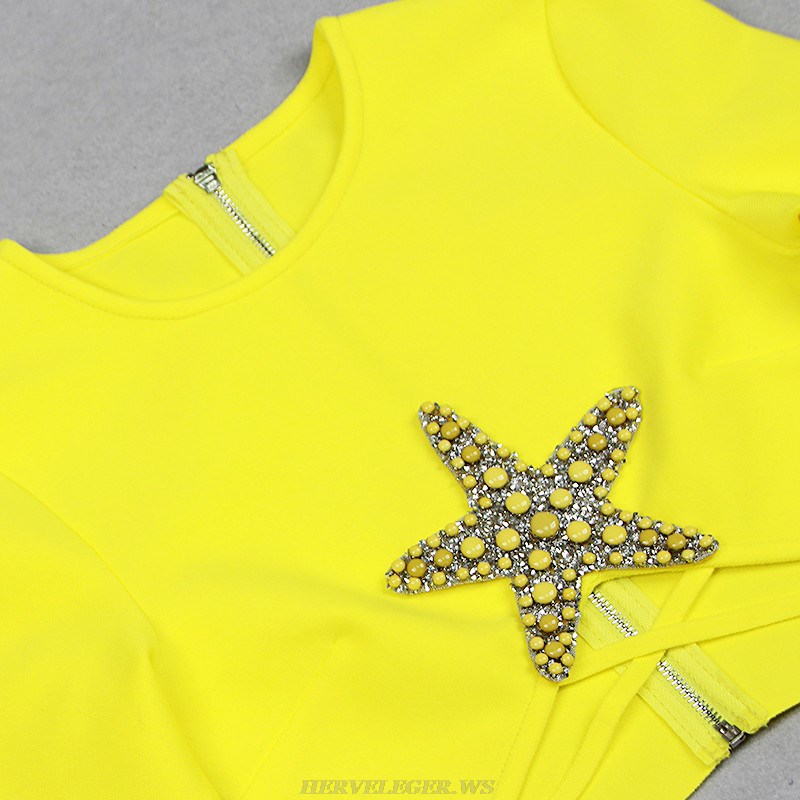 Herve Leger Yellow Long Sleeve Star Two Piece Gown