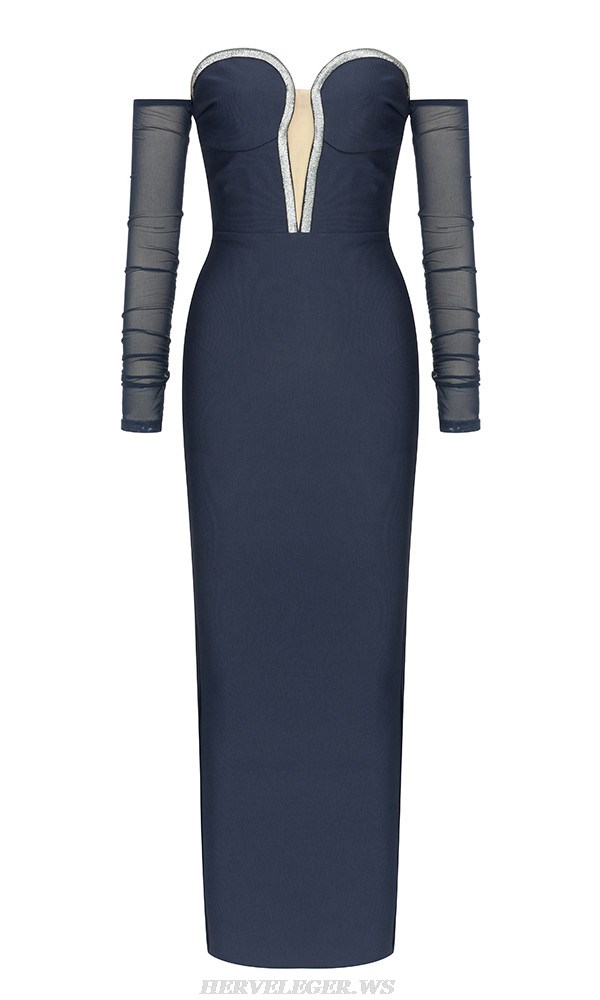 Herve Leger Navy Blue Long Sleeve Strapless Gown