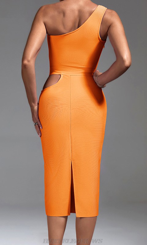 Herve Leger Orange One Shoulder Belt Dress