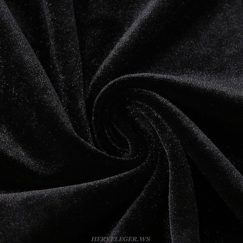 Herve Leger Black One Shoulder Crystal Velvet Gown 