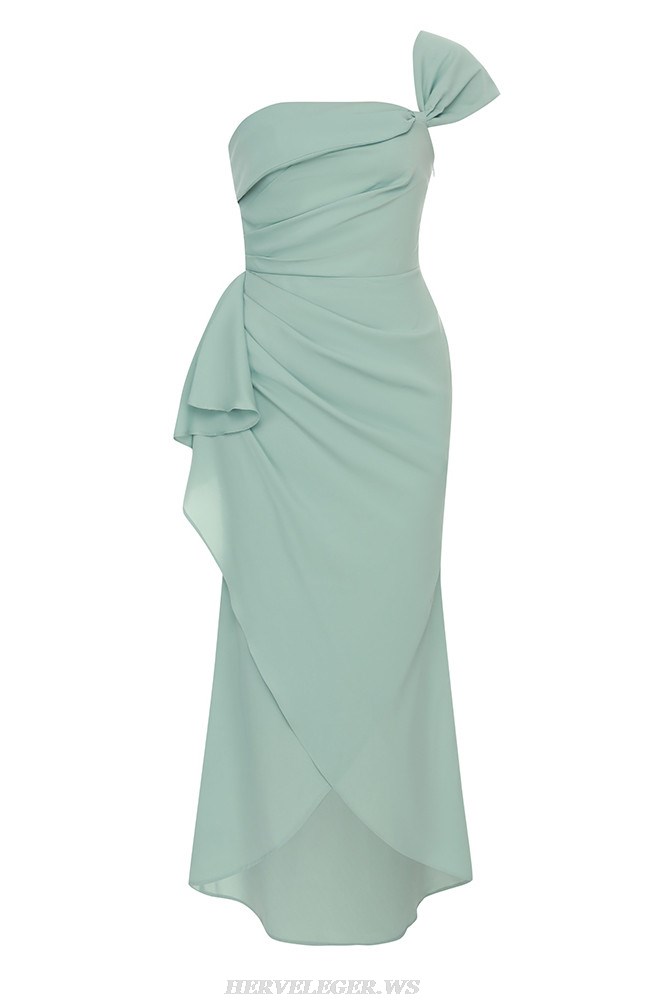 Herve Leger Green One Shoulder Draped Ruffle Gown