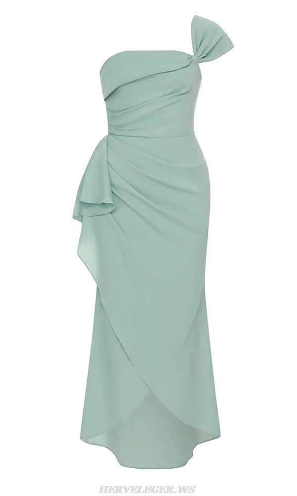 Herve Leger Green One Shoulder Draped Ruffle Gown