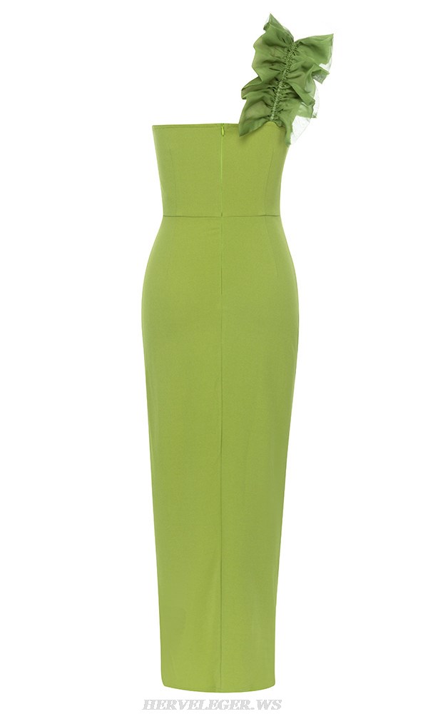 Herve Leger Green One Shoulder Ruffle Gown