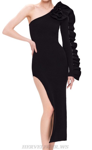 Herve Leger Black One Sleeve Ruffle Ribbed Dress
