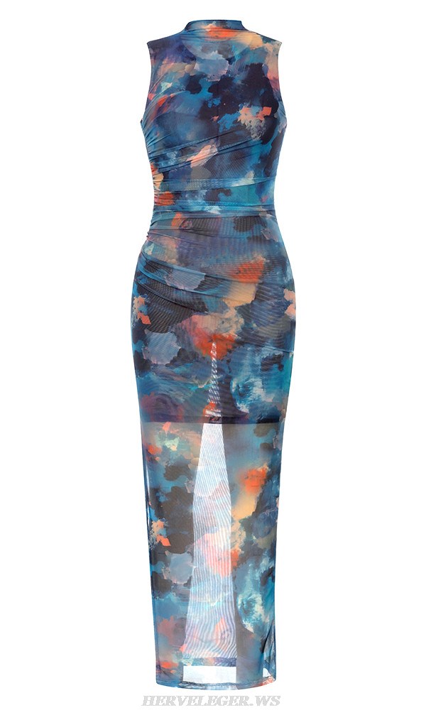 Herve Leger Blue Printed Draped Gown