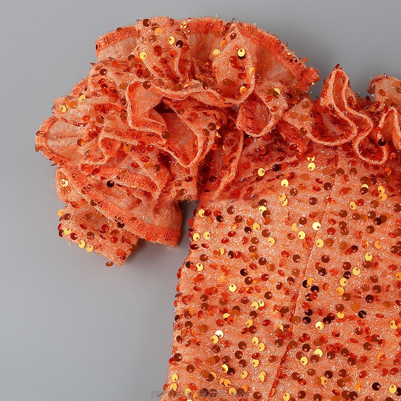 Herve Leger Orange Ruffle Off Shoulder Sequin Gown