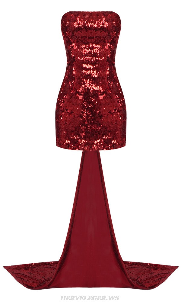 Herve Leger Red Strapless Bow Sequin Dress