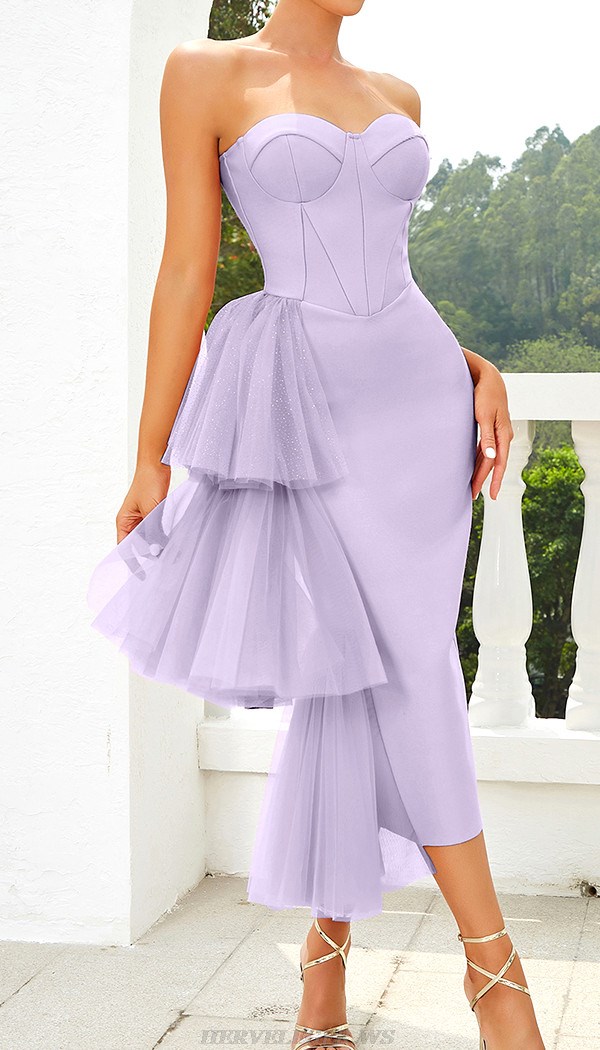 Herve Leger Lavender Strapless Bustier Mesh Dress