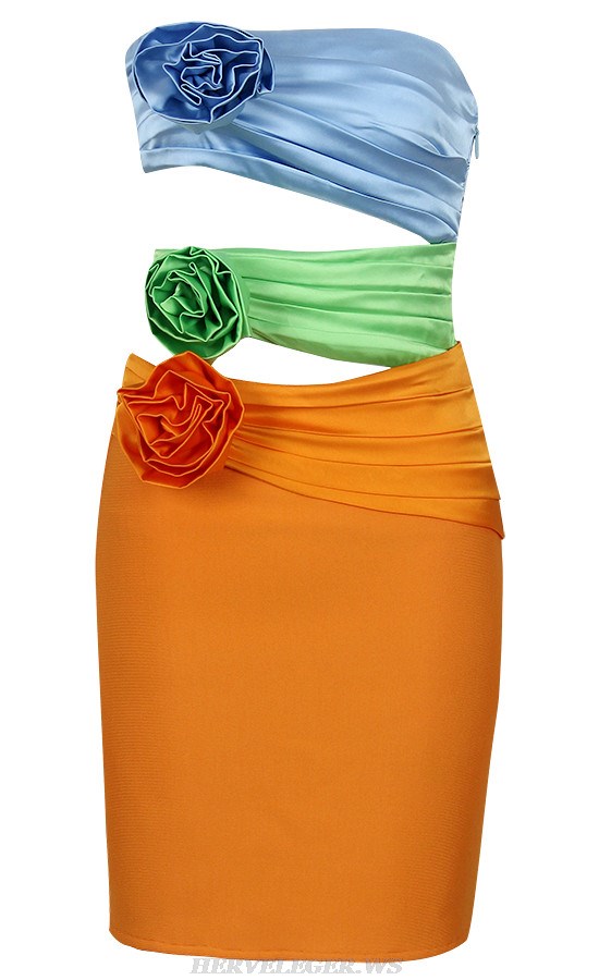 Herve Leger Blue Green Orange Strapless Flower Pleated Dress