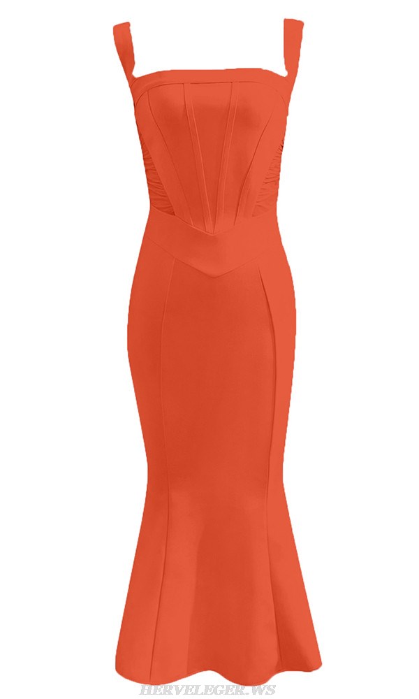 Herve Leger Orange Structured Fluted Dress