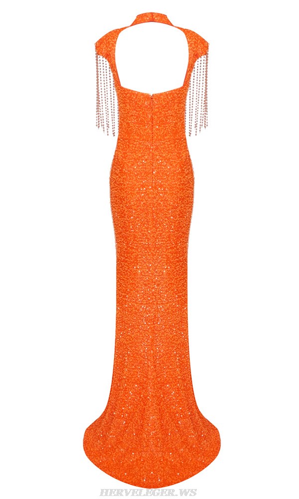 Herve Leger Orange Tassel Sequin Mermaid Gown