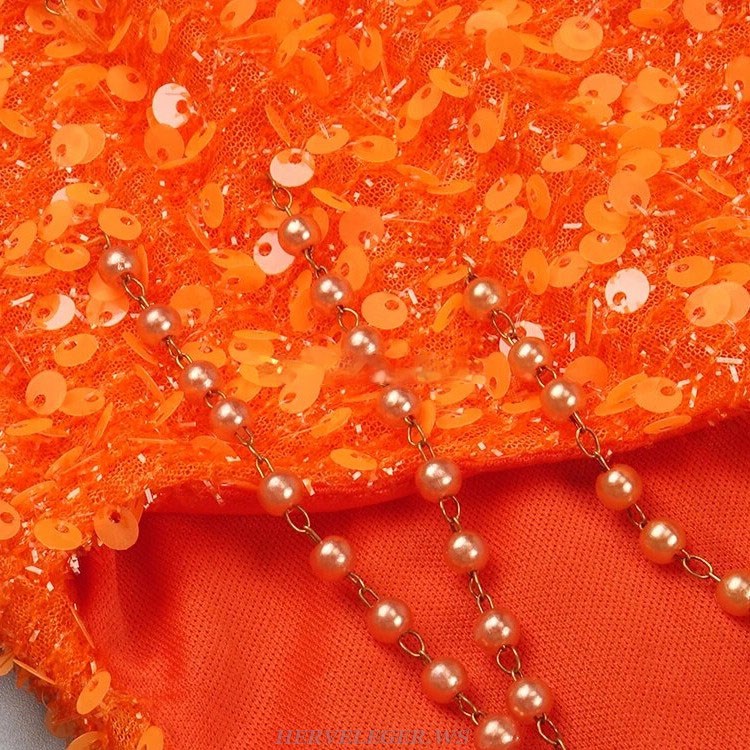 Herve Leger Orange Tassel Sequin Mermaid Gown