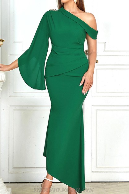 Herve Leger Green Cape Sleeve Draped Gown