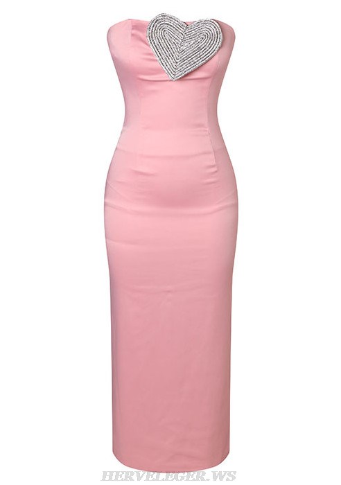 Herve Leger Pink Crystal Heart Strapless Midi Dress