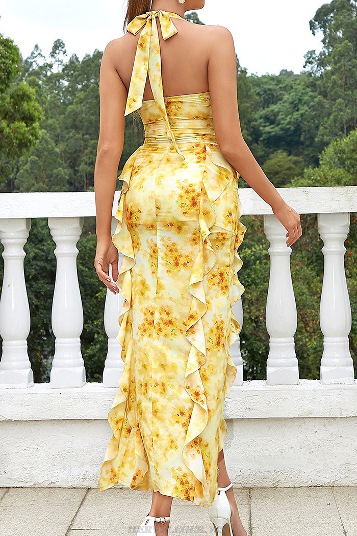 Herve Leger Yellow Floral Halter Ruffle Gown