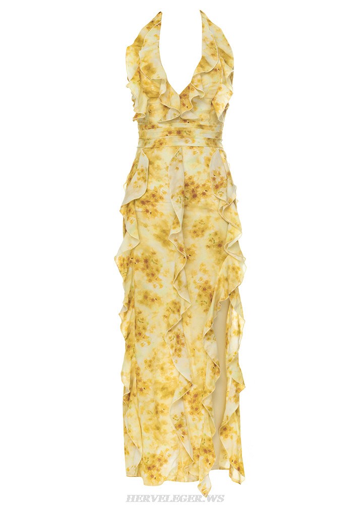 Herve Leger Yellow Floral Halter Ruffle Gown
