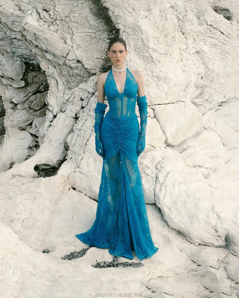 Herve Leger Blue Halter Bustier Lace Mermaid Gown