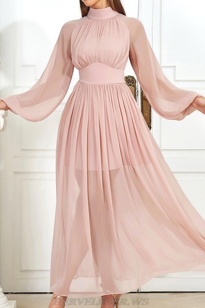 Herve Leger Pink Long Sleeve A Line Gown