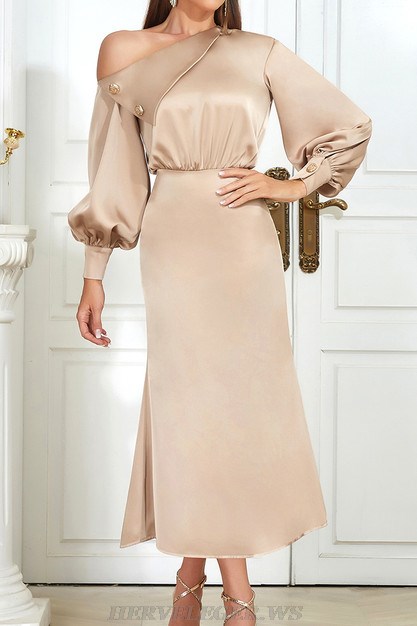 Herve Leger Nude Long Sleeve A Line Midi Dress