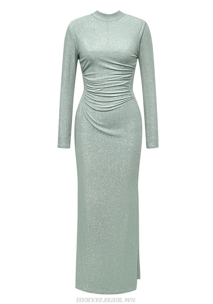Herve Leger Green Long Sleeve Backless Sparkly Gown