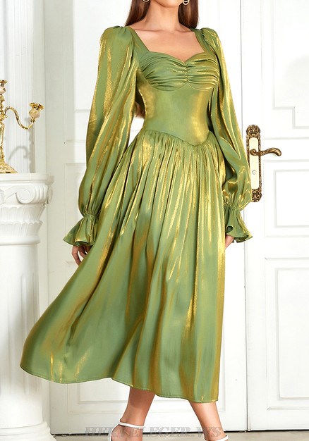 Herve Leger Green Long Sleeve Bustier A Line Midi Dress
