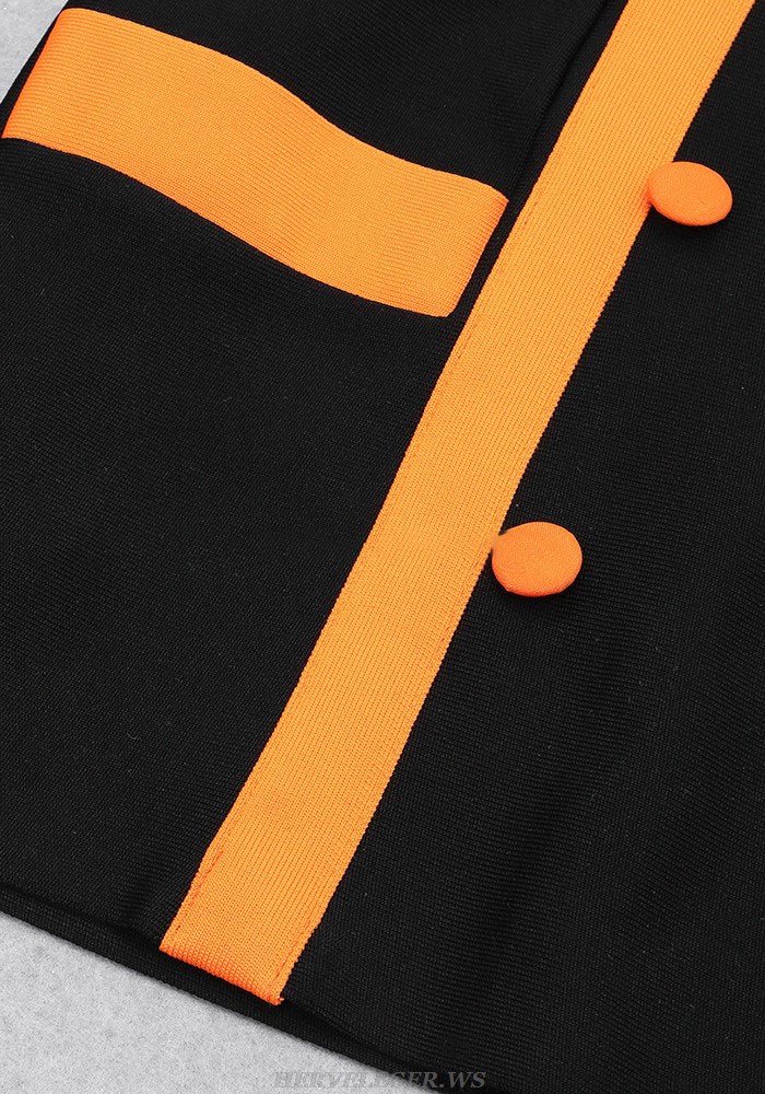 Herve Leger Black Orange Long Sleeve Button Detail Dress